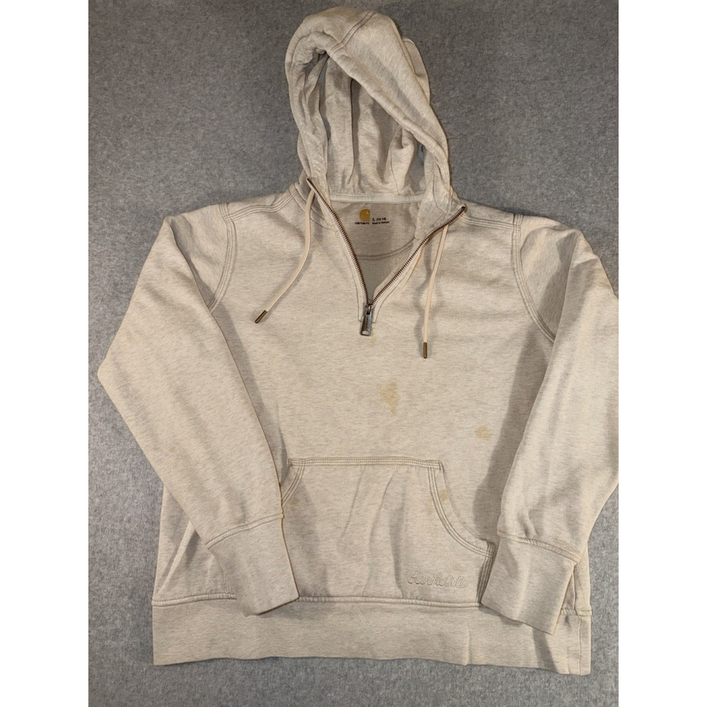 Carhartt‎ Women’s Hoodie L 12-14 Beige Quarter Zip Embroidered Logo Fleece